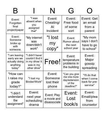 End of The School Year Teacher Bingo Card