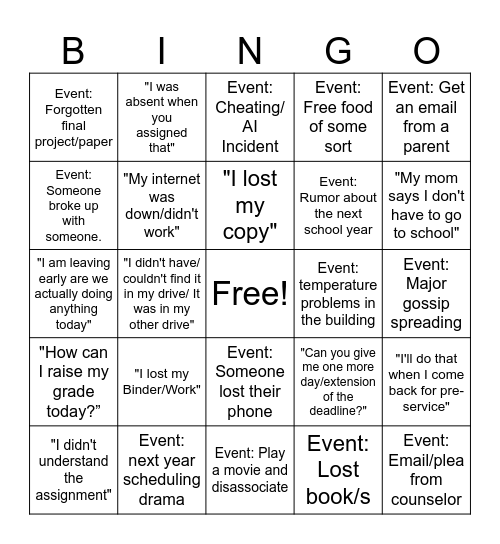 End of The School Year Teacher Bingo Card