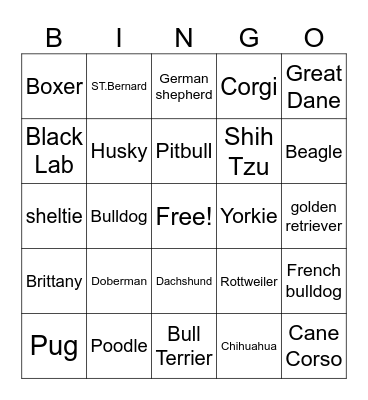 Nate and Jesse dog breed bingo Card