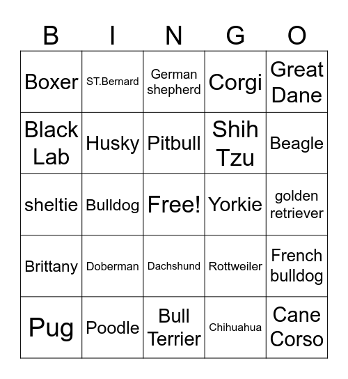 Nate and Jesse dog breed bingo Card