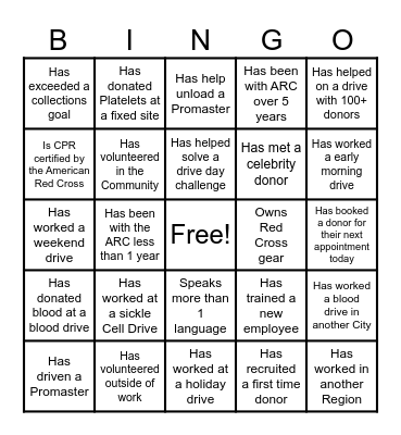 American Red Cross Bingo Card