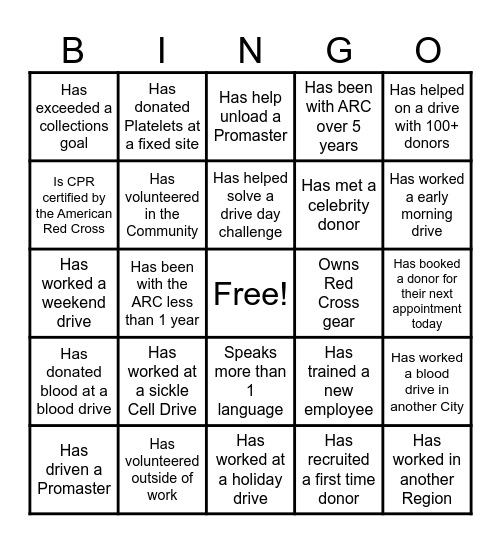American Red Cross Bingo Card