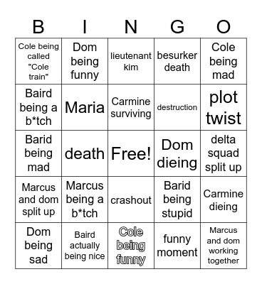 Gears of War Bingo Card