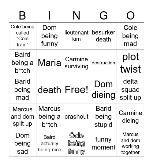 Gears of War Bingo Card