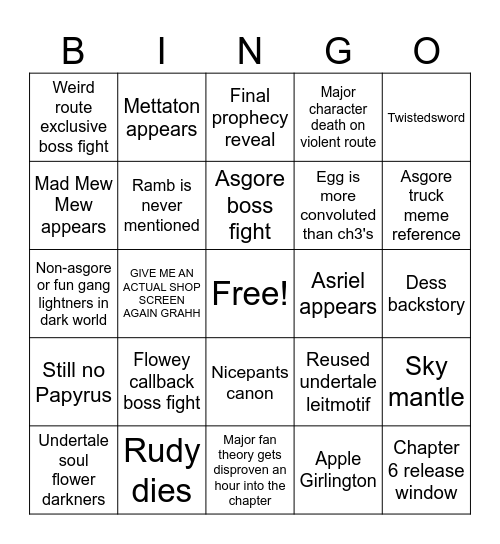 Deltarune chapter 5 bingo Card