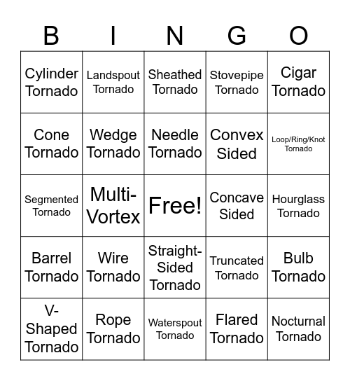 Tornado Shape Bingo Card