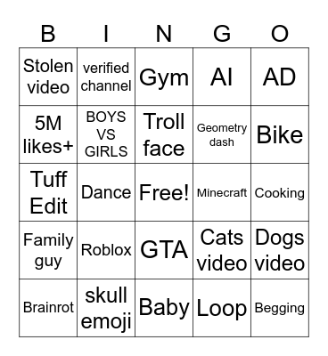 YT SHORTS BINGO Card