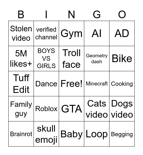 YT SHORTS BINGO Card