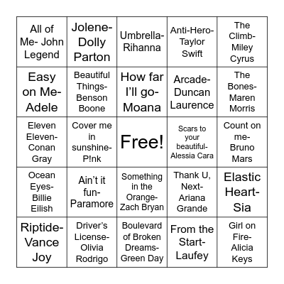Music Bingo Teens Bingo Card