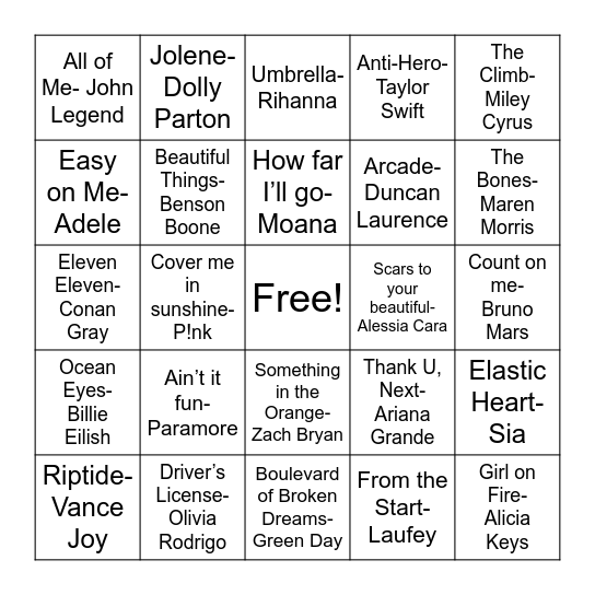 Music Bingo Teens Bingo Card