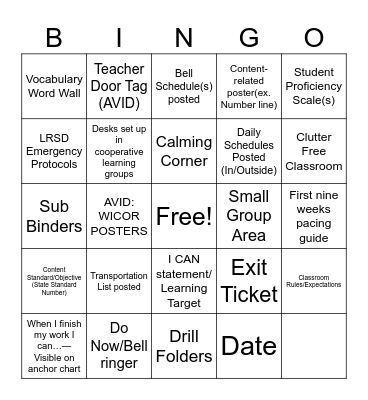 School Culture Expectations Bingo Card