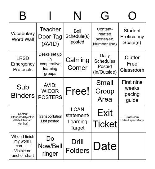 School Culture Expectations Bingo Card