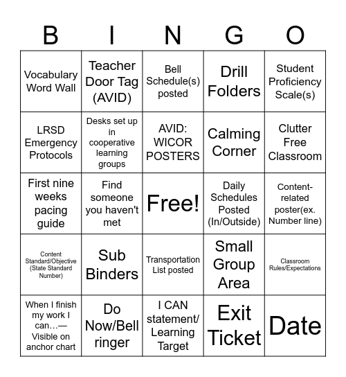 School Culture Expectations Bingo Card
