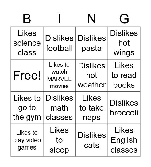 Likes and Dislikes Bingo! Bingo Card