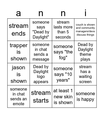 dbd anni stream bingo Card