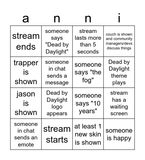 dbd anni stream bingo Card