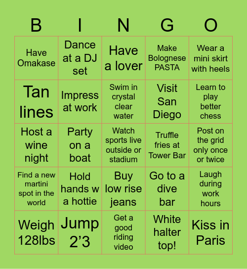 Summer 20 Six Bingo Card