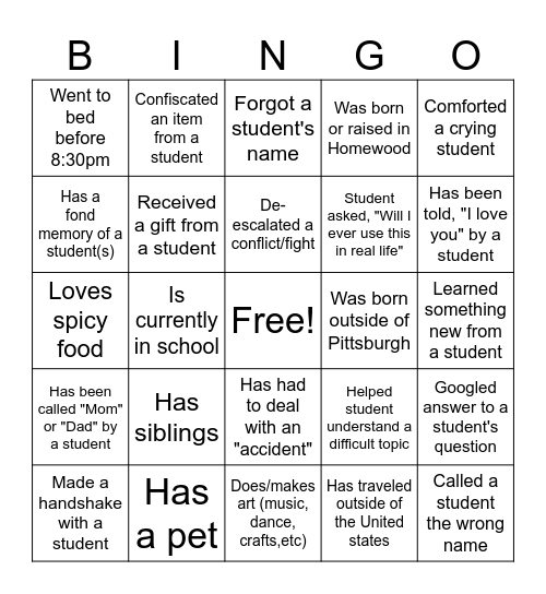 HCV AmeriCorps Bingo Card