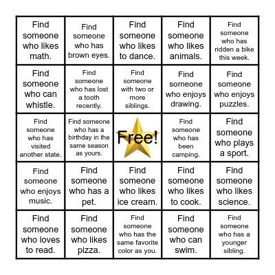 Find A Friend Bingo Card