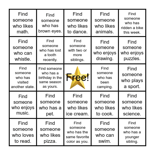 Find A Friend Bingo Card