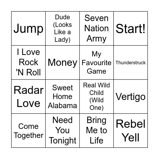 Rock Bingo Card
