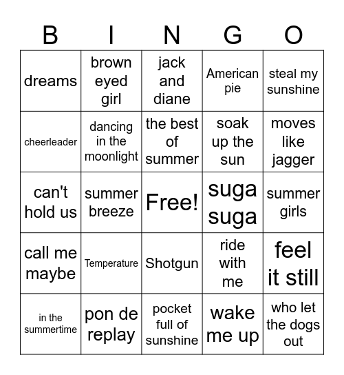 A little Summer Time Throwbacks Bingo Card
