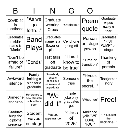 Graduation Bingo Card