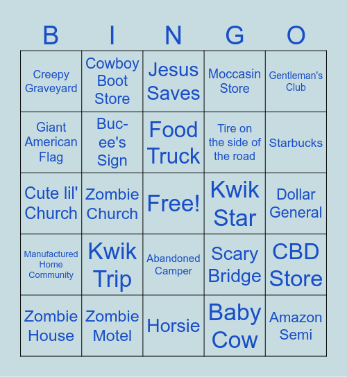 Road Trip Bingo Card