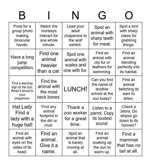 Bloomsburg Zoo Bingo! Bingo Card