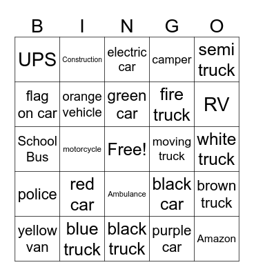 Find that Vehicle Bingo Card