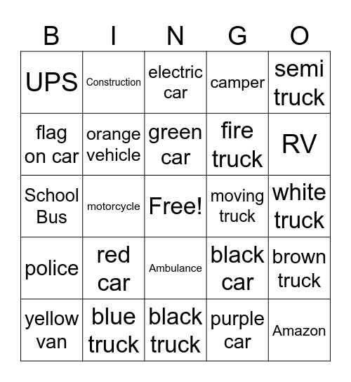 Find that Vehicle Bingo Card