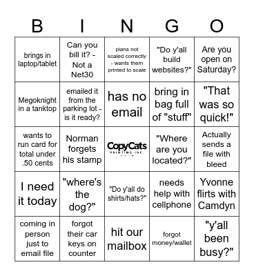 CopyCats Bingo Card