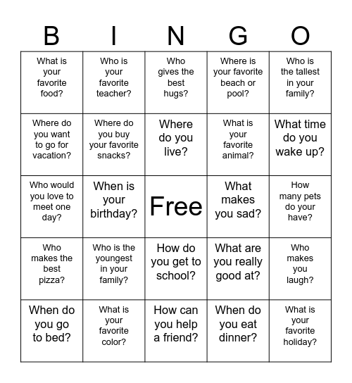 Get to know you! Bingo Card