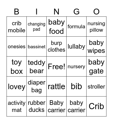 Court's Baby Shower BINGO Card