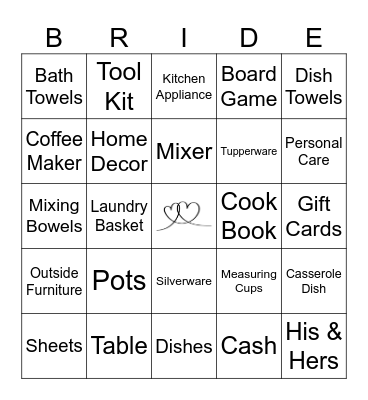 Bridal Gift Bingo Card