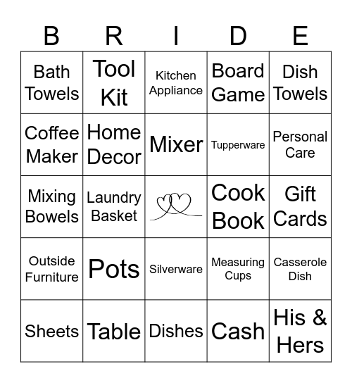 Bridal Gift Bingo Card