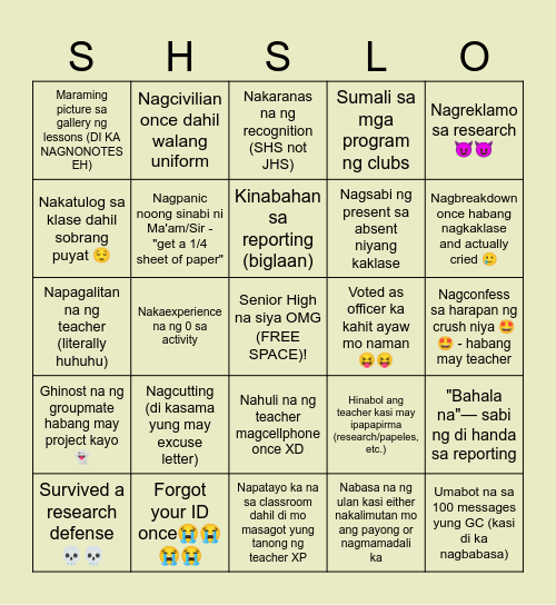 Senior High School Bingo - Pinoy Edition <: (grabi ba) Bingo Card