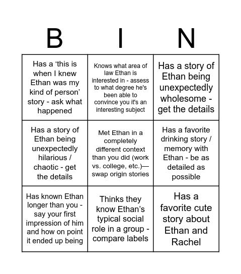 Ethan's birthday bingo Card