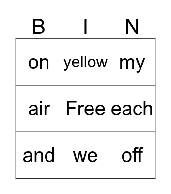 Sight Words Bingo Card