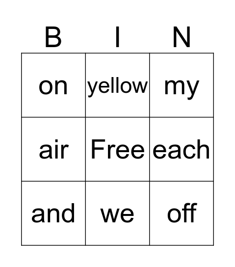 Sight Words Bingo Card