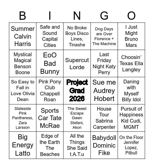 Summer Jams Bingo Card
