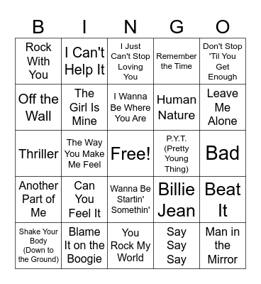 Michael Jackson BINGO Card