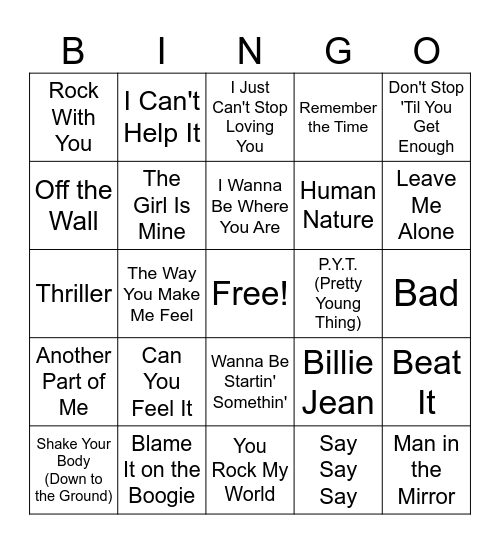 Michael Jackson BINGO Card