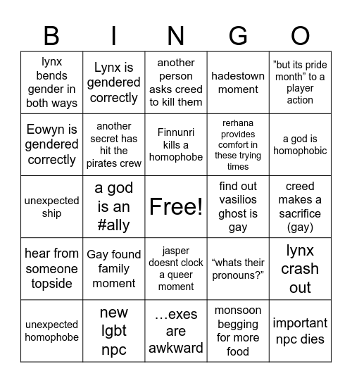 Pirates Pride Bingo Card