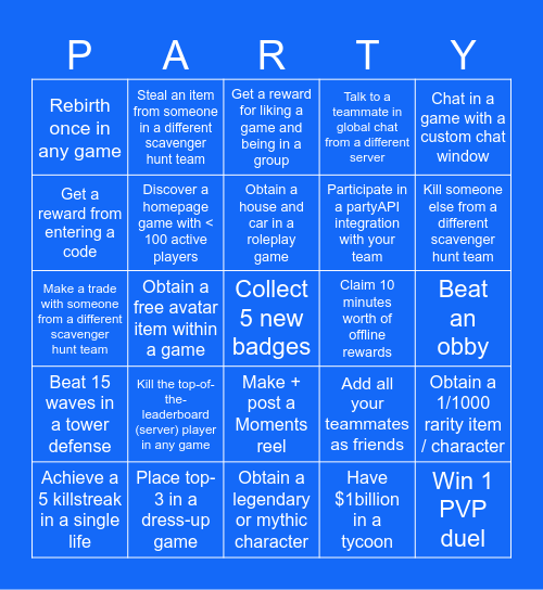 Roblox Party Scavenger Hunt Bingo Card