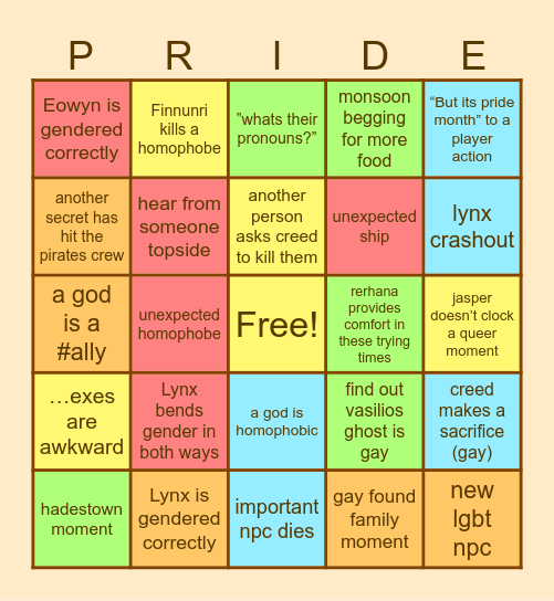 Pirates Pride Bingo Card