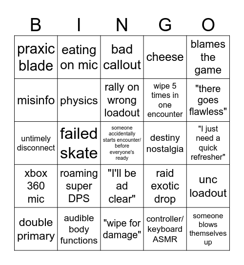 Destiny Raid/LFG Bingo Card