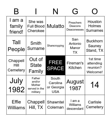 Hammonds Williams Family Bingo 2026 Bingo Card