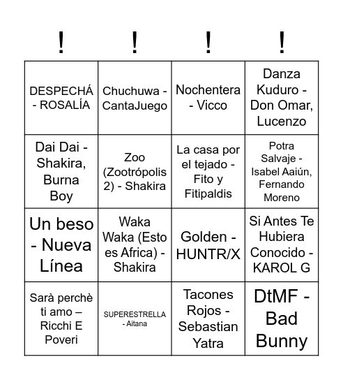 Bingo musical !!! Bingo Card