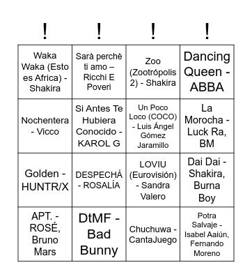Bingo musical !!! Bingo Card